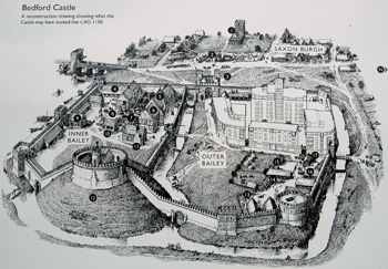 Artist's reconstruction of Bedford Castle with Castle Quay superimposed May 2009